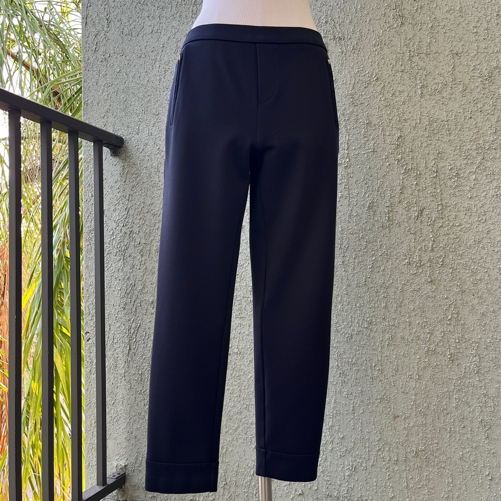 Ivanka Trump Blue Stretch Ankle Pants Size 4P Pull-On Mid-Ride Gold Zip Pockets
